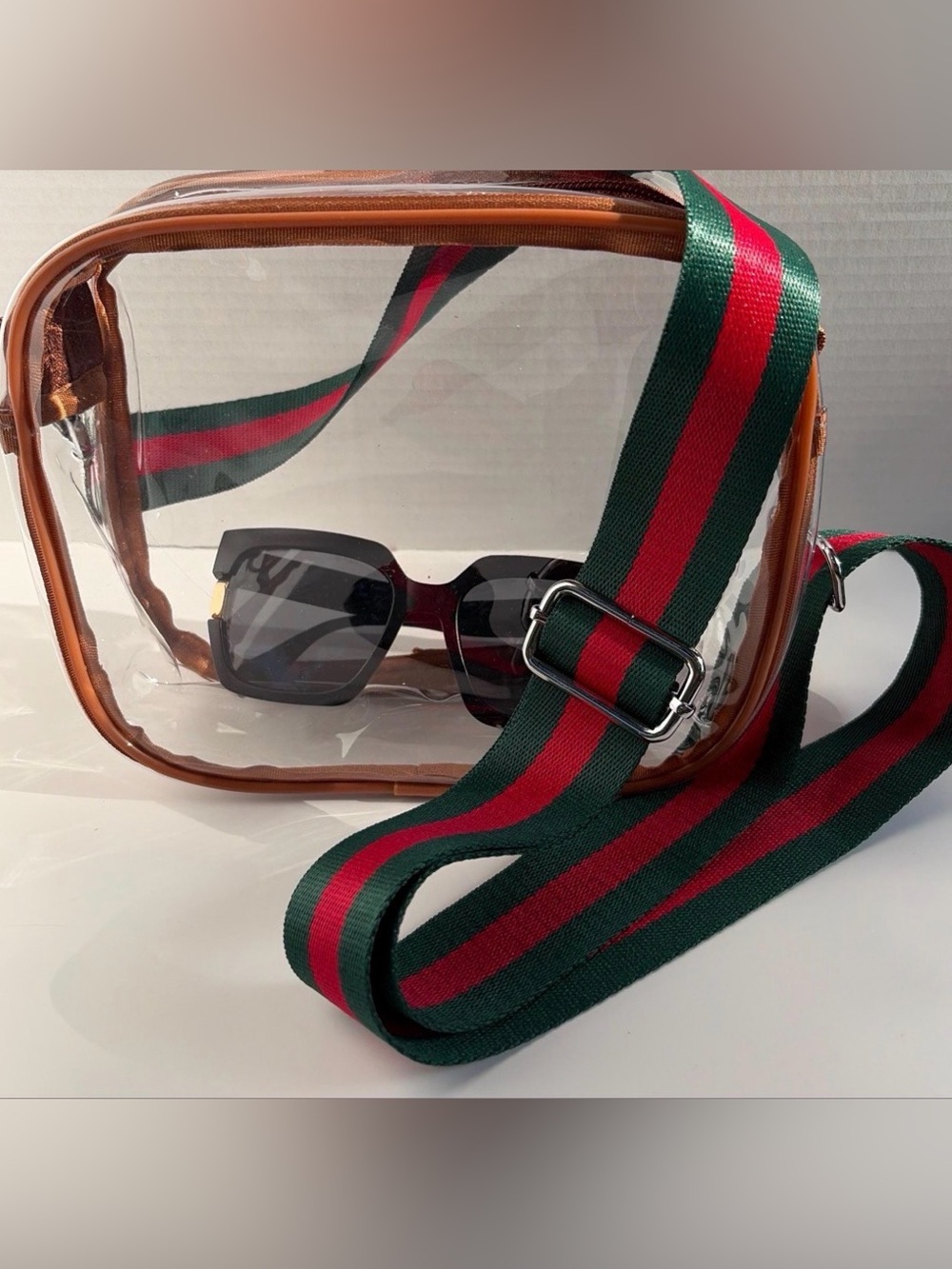 Clear Stadium Bag Brown Trim Green Red Strap | Game Day Crossbody Purse